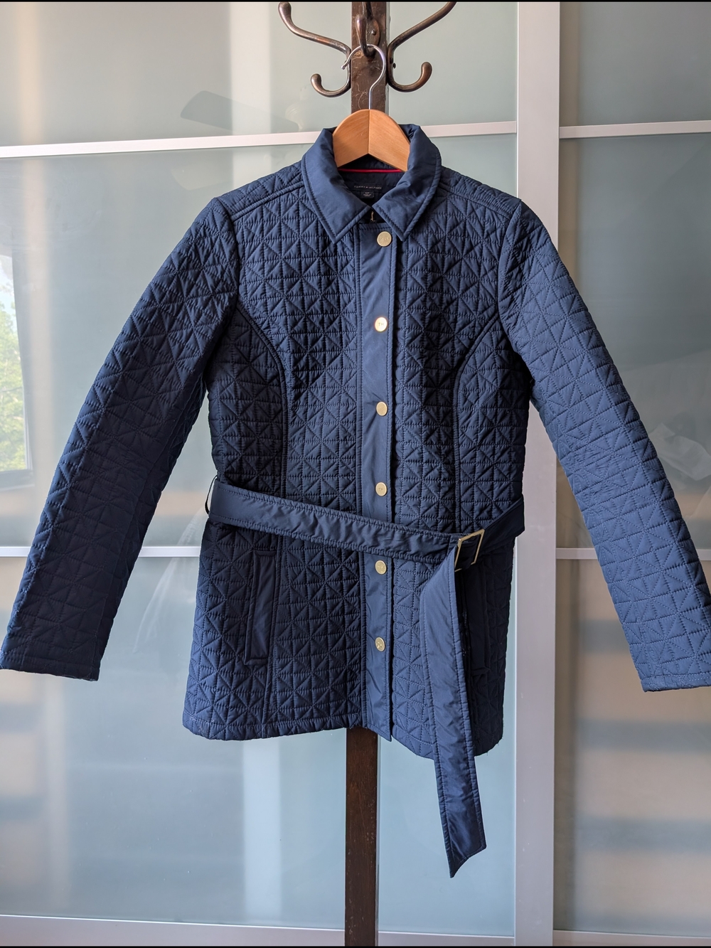 Tommy Hilfiger Quilted Navy Belted Puffer Jacket - Small